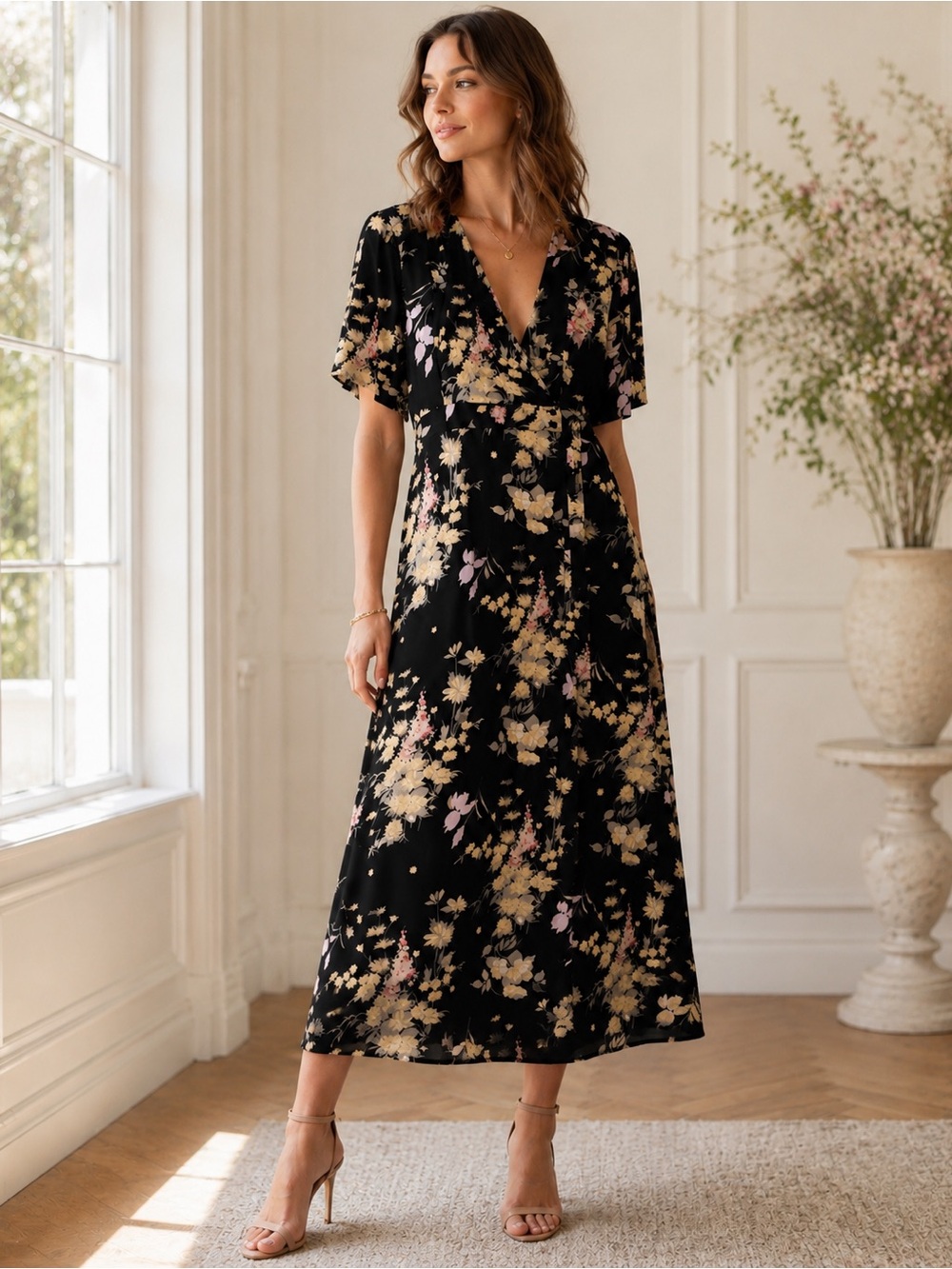 Somerset by Alice Temperley Floral Flutter Sleeve Faux Wrap Midi Dress SZ 18